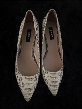 DKNY Snake-Print Pointed Toe Pumps in Cream and Gray